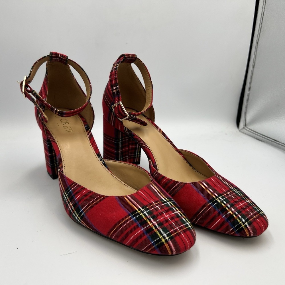 J. Crew Women's 7.5 Red‎ Stewart Tartan Plaid Ankle Strap Block Heel Shoes Heels